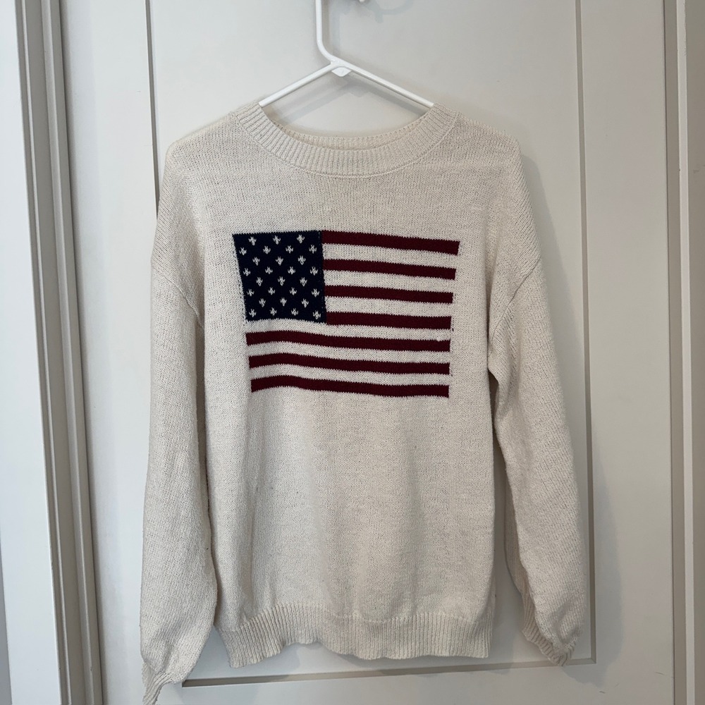 SHEIN Womens Cream American Flag Knit Sweater Size S Patriotic Crew Neck Casual